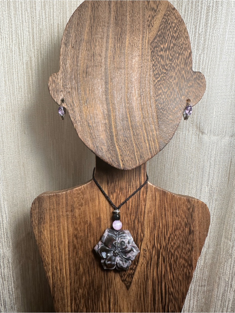Ocean Jasper Pendant Necklace with Kunzite on Thin Black Adjustable Rope - Picture 6 of 16